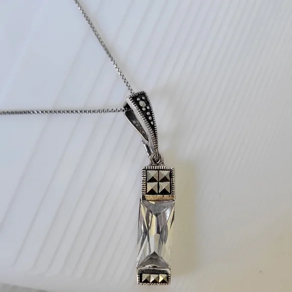 Sterling Silver 925 THAI Emerald Cut Cubic Zirconia Marcasites Necklace 18” - Picture 7 of 11